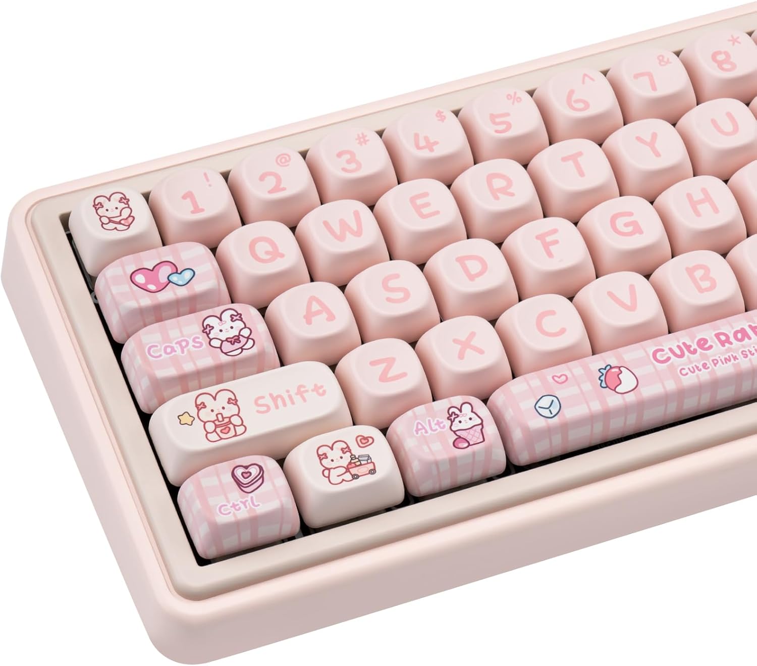 Conjunto de teclas para teclado em rosa, perfil MOA com desenhos de coelhos e corações, feitas em PBT.