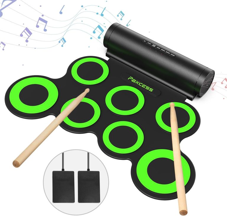 Bateria eletrônica Paxcess G3066LG com 7 pads verdes, baquetas e pedais.