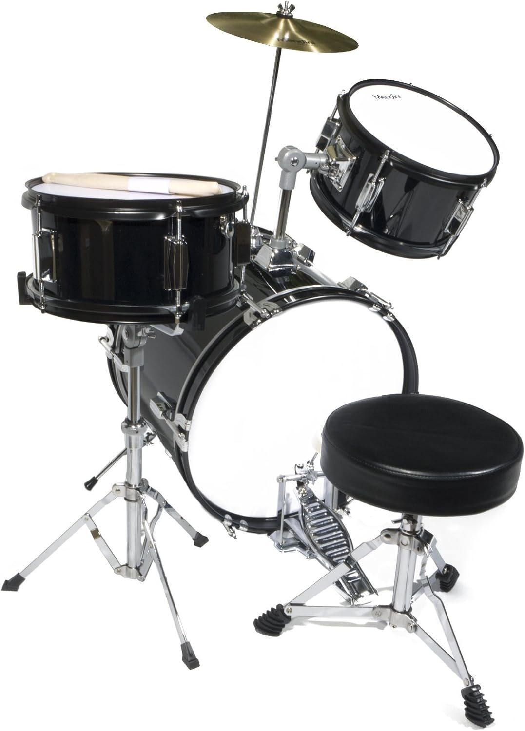 Kit bateria infantil Mendini by Cecilio 3 peças preto com pedal, banco e baquetas