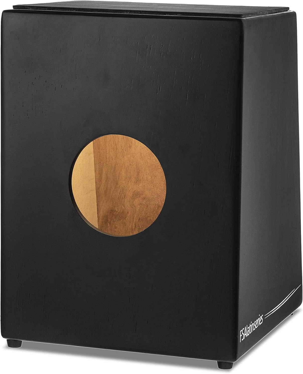 Parte traseira do cajon FSA New Latin FL24 preto com orifício circular na madeira natural e corpo em madeira sumaúma.