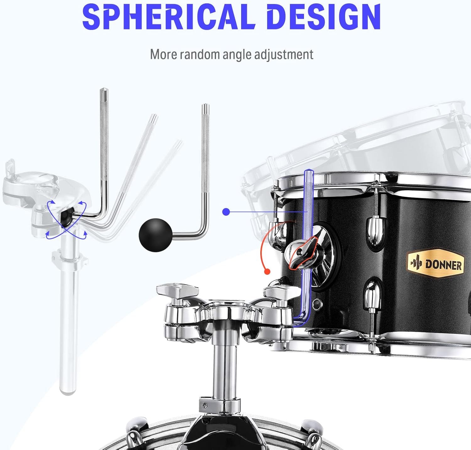 Design esférico dos suportes da bateria Donner com ajuste de ângulo para personalização.