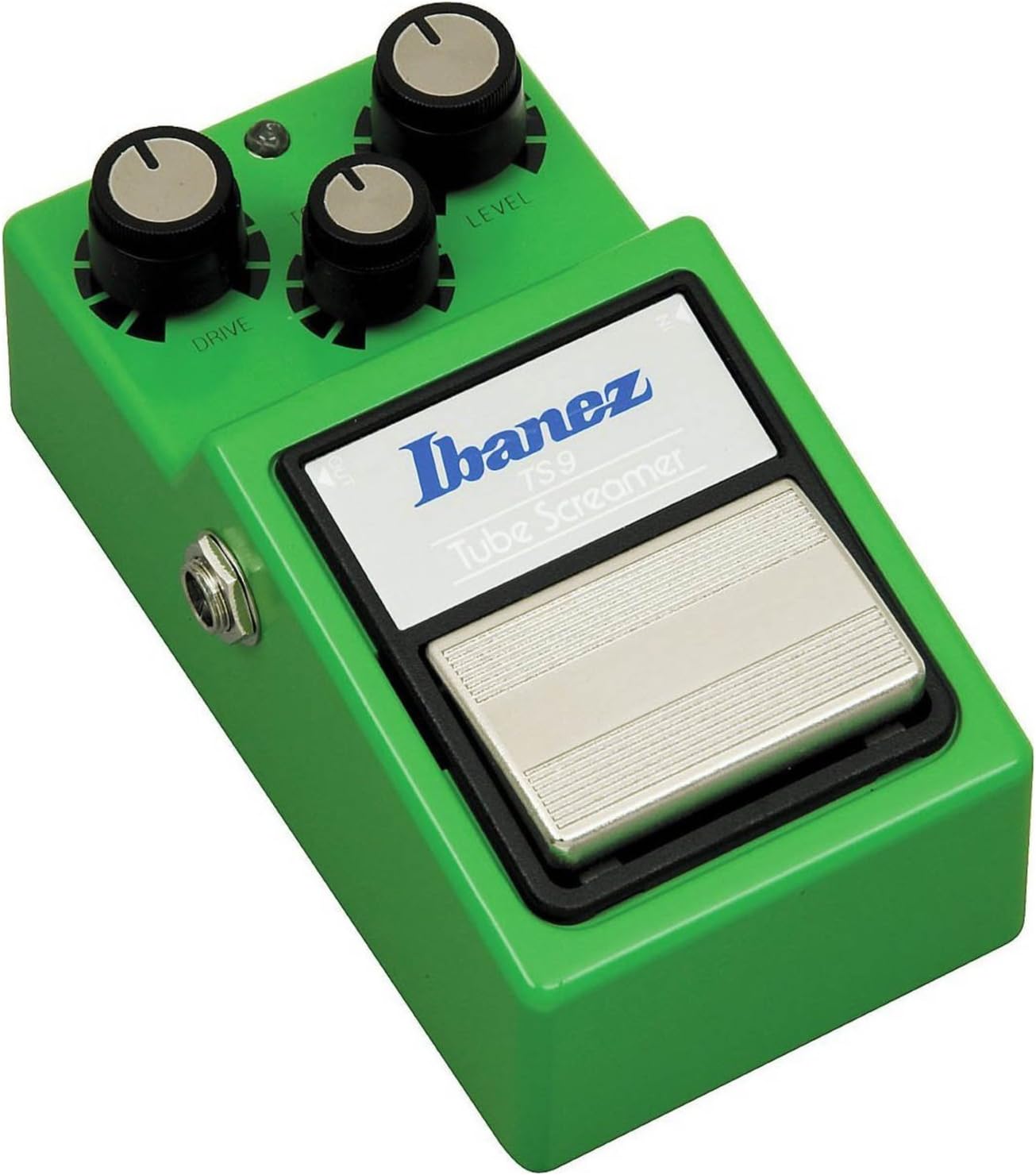 Pedal Ibanez Tube Screamer TS9 verde para guitarra, vista em ângulo com controles e botão de ativação