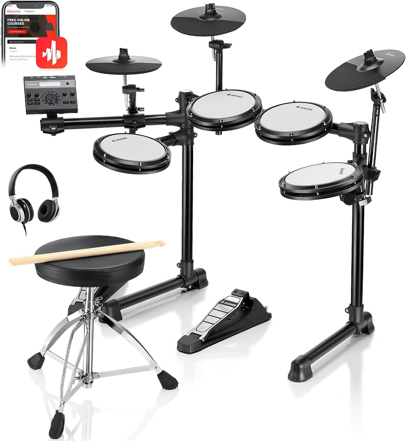 Bateria eletrônica Donner DED-200 LITE com 450 sons para iniciantes, com pads, pratos, pedais, banco, baquetas e módulo eletrônico.