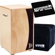 Schlagwerk CP550 Cajon ágil natural com detalhe preto, capa preta e tapete com logo KEEPDRUM.