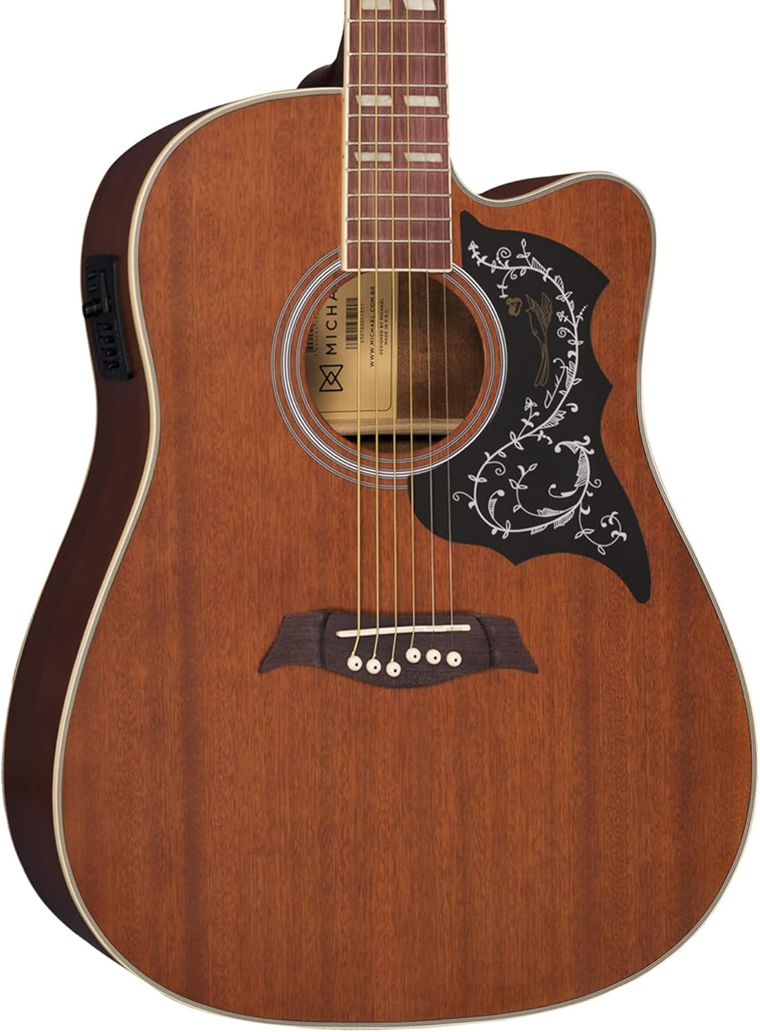 Violão elétrico Michael Galaxy Folk com cutaway e acabamento em mogno, corpo com escudo floral preto.