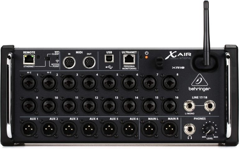 Behringer XR18 mesa de som digital 18 canais painel traseiro com entradas XLR, USB, MIDI, Ethernet e Wi-Fi