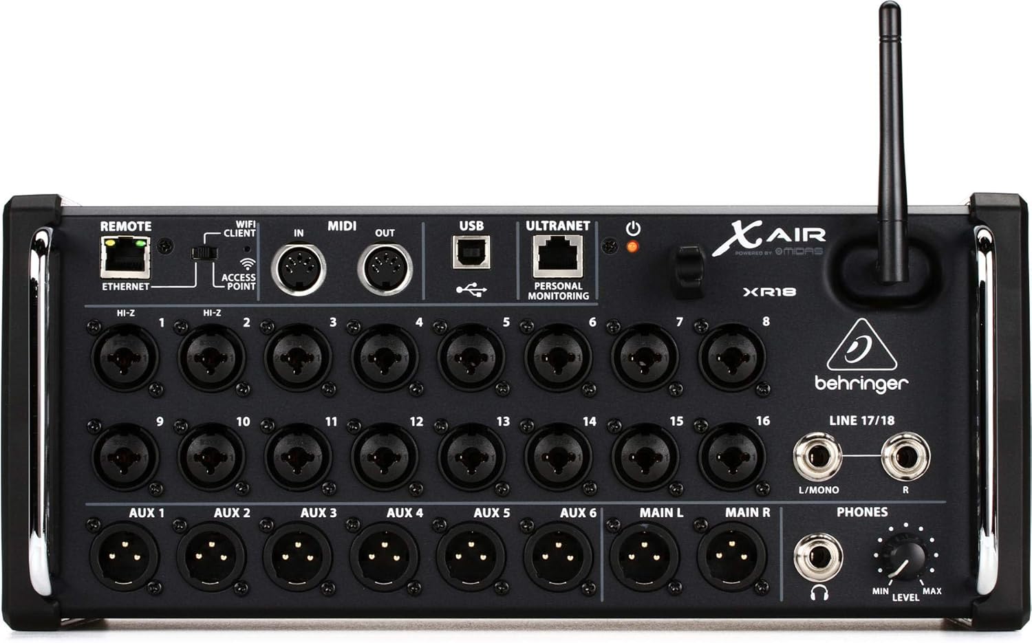 Behringer XR18 mesa de som digital 18 canais painel traseiro com entradas XLR, USB, MIDI, Ethernet e Wi-Fi