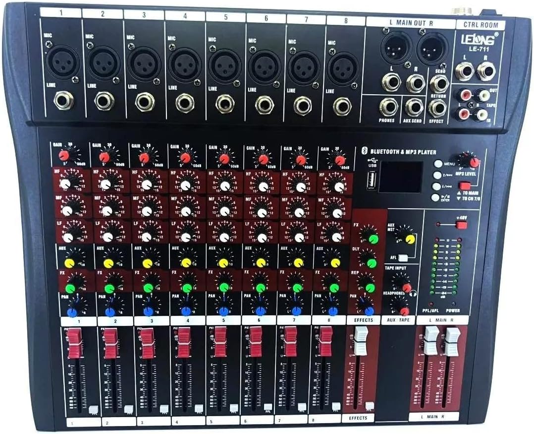 Mesa de som Lelong LE-711 com 8 canais, Bluetooth e display digital
