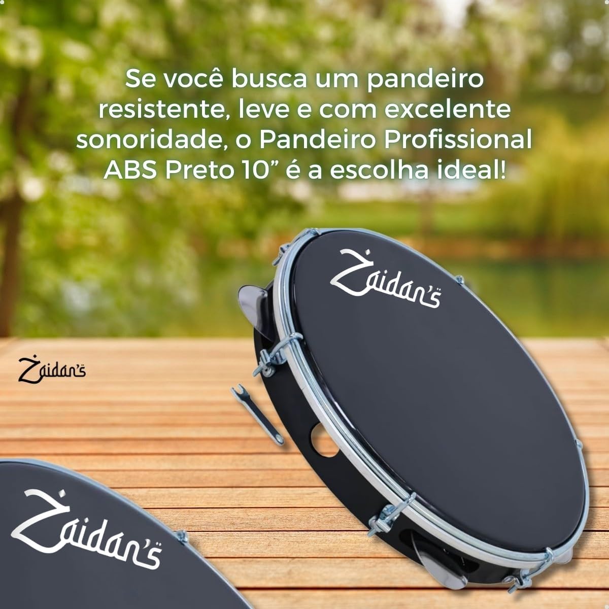 Pandeiro Zaidan's profissional ABS preto 10 polegadas em ambiente externo com texto promocional.