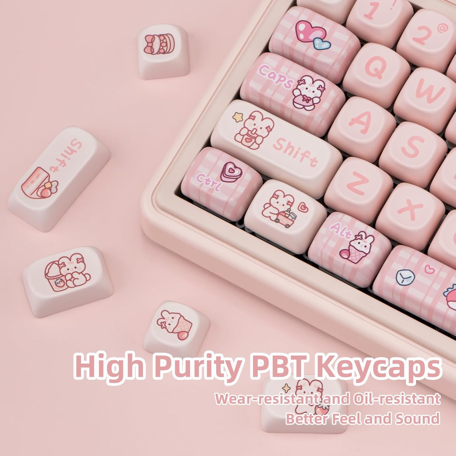 Teclas PBT rosa perfil MOA com desenhos fofos, resistentes ao desgaste e óleo para teclado mecânico.