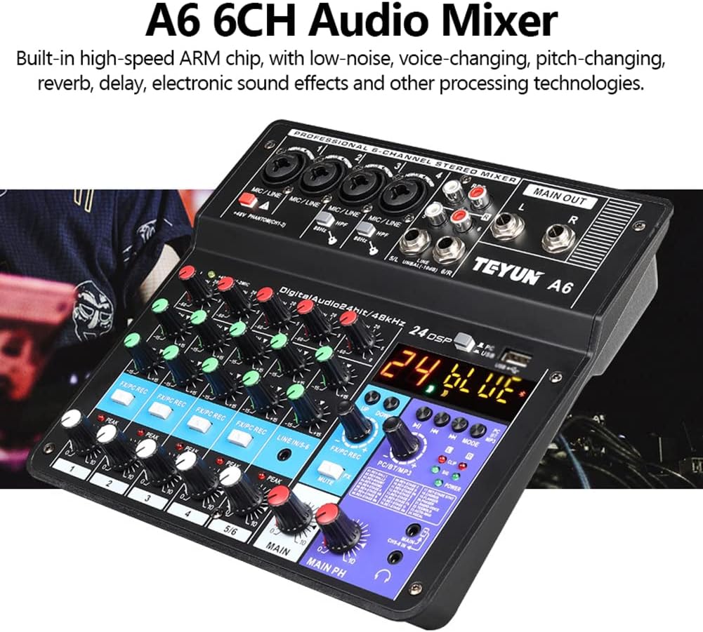 Mixer de áudio TEYUN A6 6 canais com chip ARM, efeitos sonoros e conexões USB e PC
