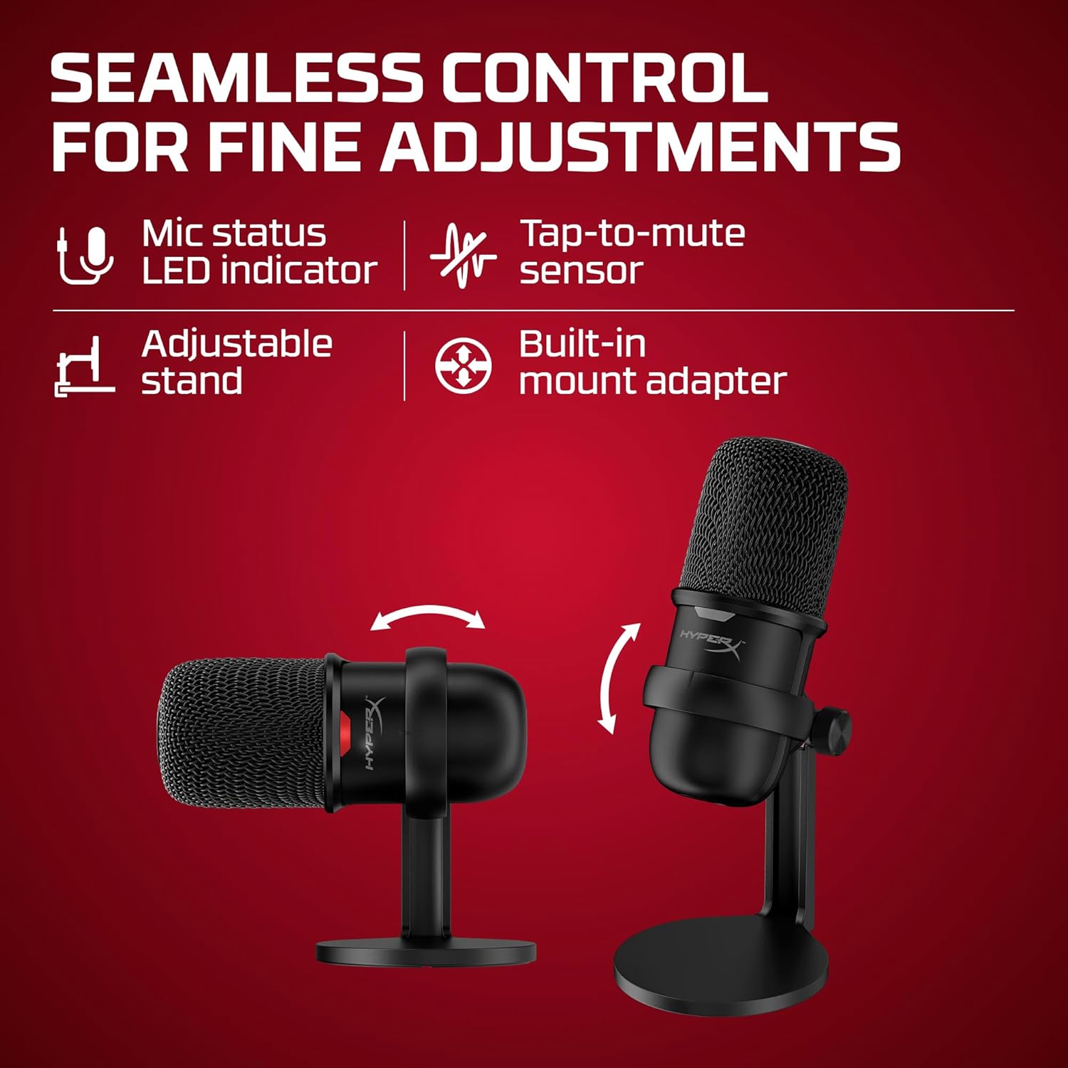 Microfone HyperX Solocast com controle ajustável, sensor de toque para mudo e indicador LED
