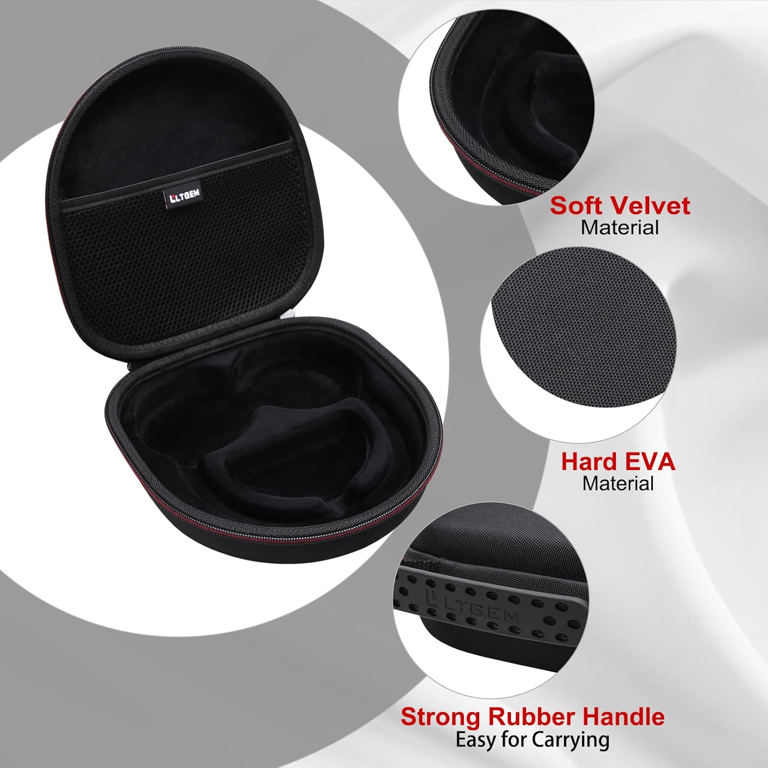 Destaque dos materiais da capa LTGEM para fones Anker Soundcore Life Q20 Q20i Q30: veludo, EVA rígido e alça de borracha