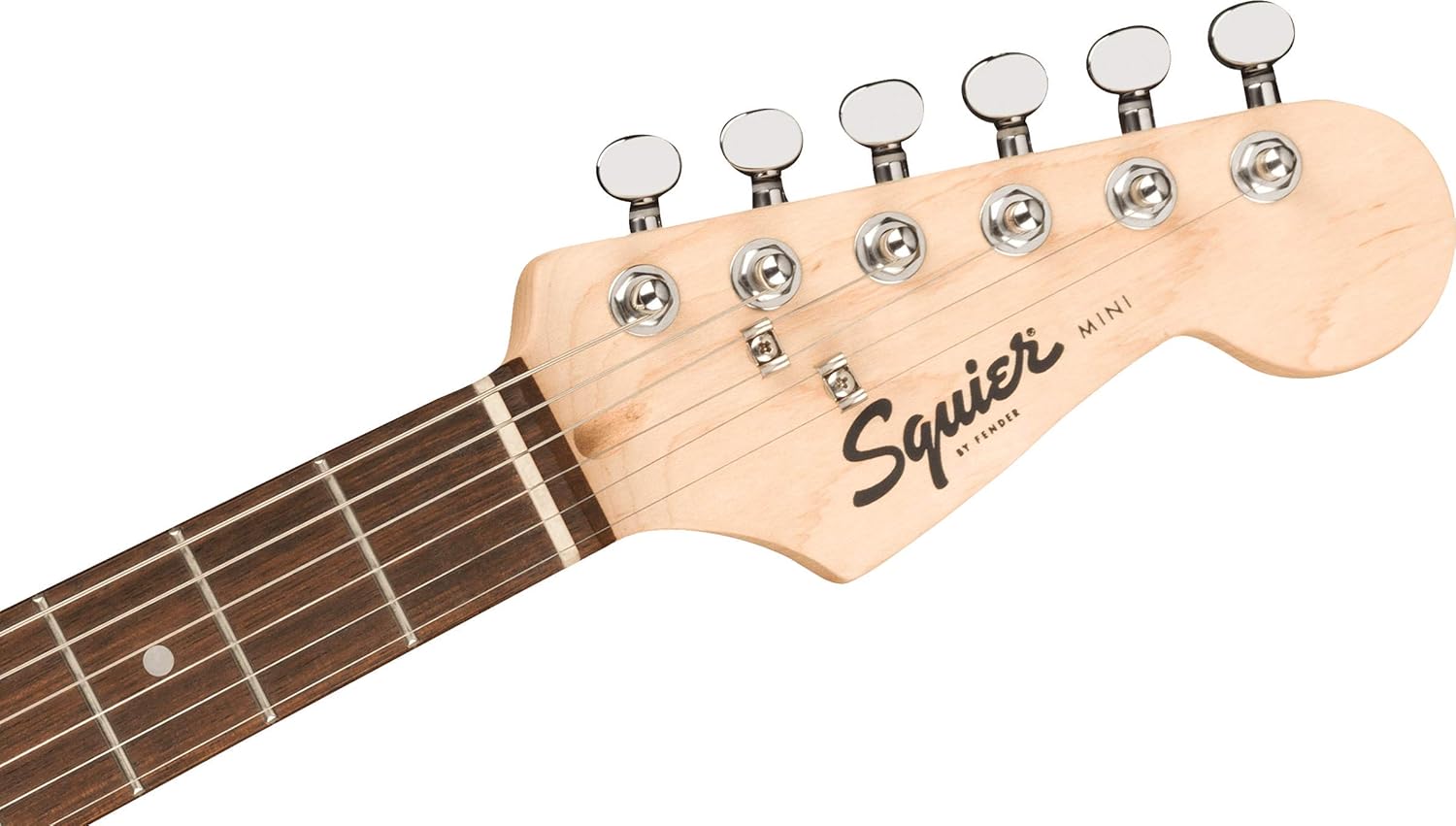 Cabeça da guitarra Squier Mini Stratocaster com tarraxas cromadas e logo Squier Mini