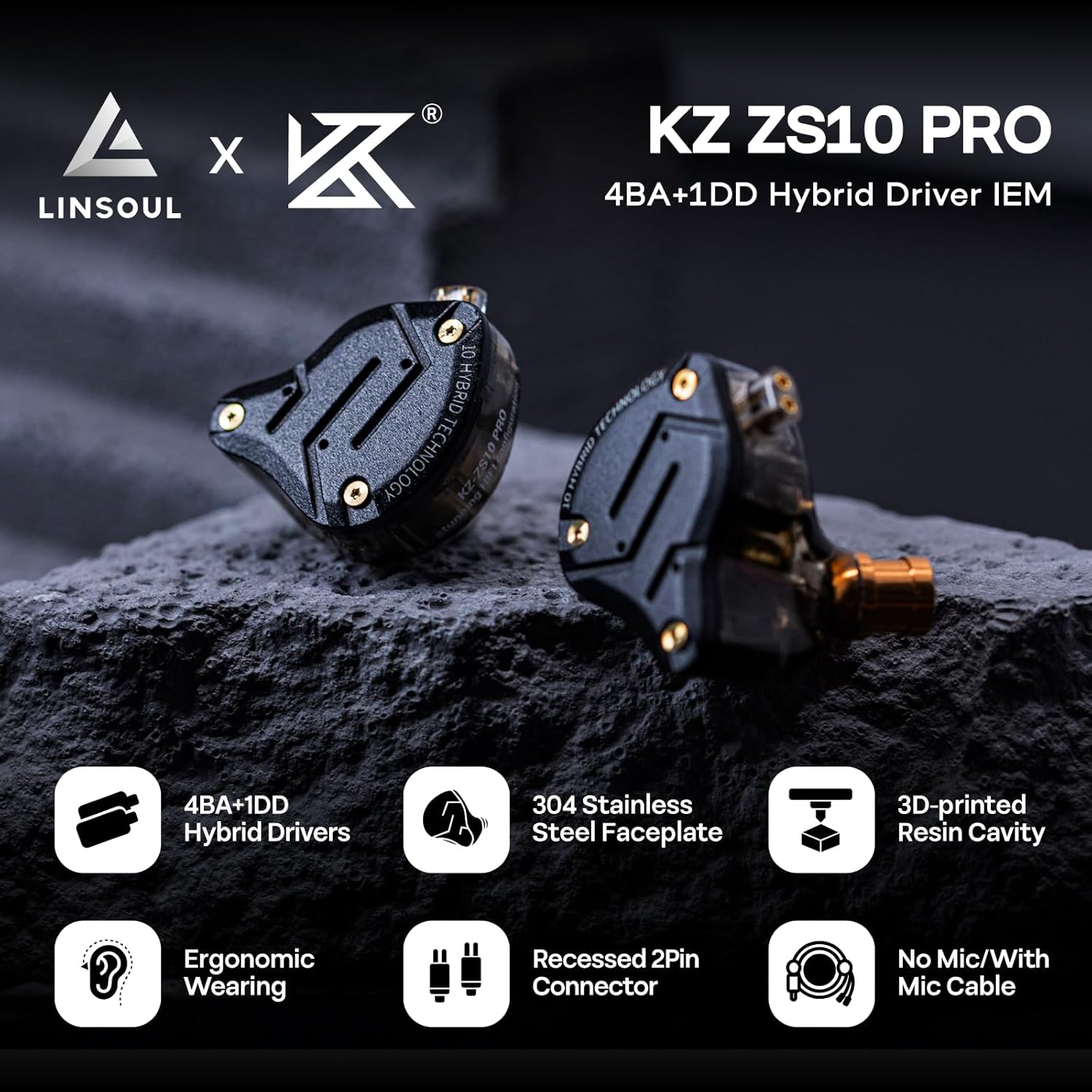 Fones Linsoul KZ ZS10 Pro com 4BA+1DD drivers híbridos, faceplate aço inox e conector 2Pin.