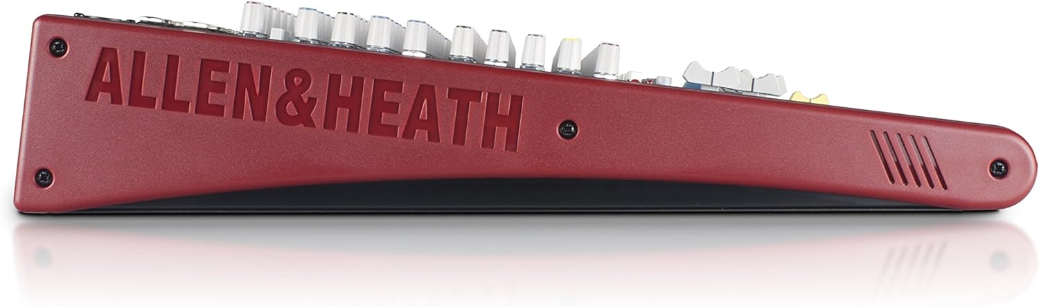 Lateral da mesa de som Allen & Heath Zed-16Fx mostrando logo em relevo e design compacto.