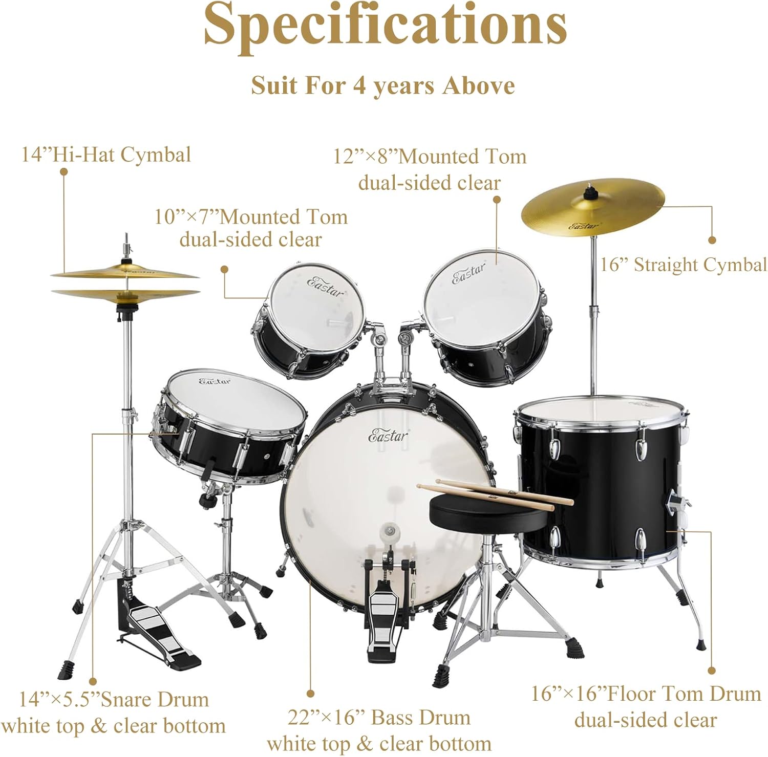 Detalhes das especificações e medidas dos componentes da bateria acústica Eastar para crianças.
