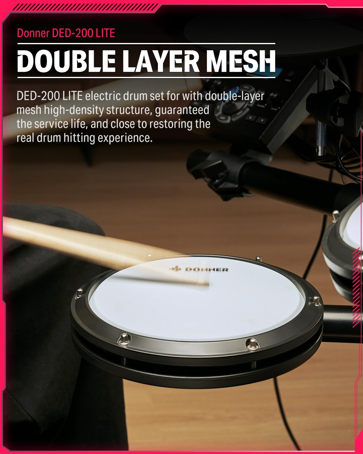 Pad de malha dupla camada da bateria eletrônica Donner DED-200 LITE para alta durabilidade e experiência realista.