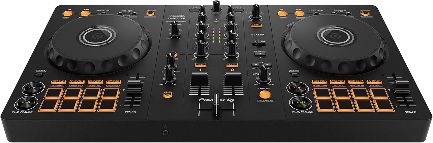 Controlador DJ Pioneer DDJ-FLX4 grafite vista angular com decks e jog wheels grandes