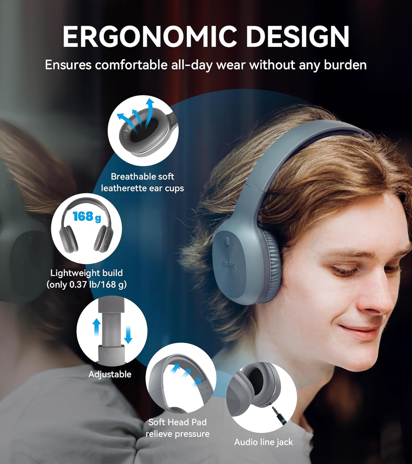 Fone Edifier W600BT com design ergonômico, leve e confortável para uso prolongado