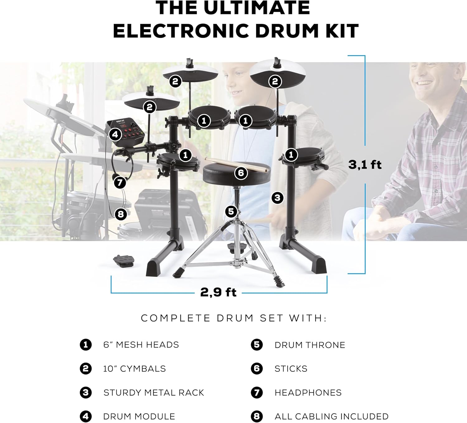 Descrição detalhada do kit de bateria eletrônica infantil Alesis com componentes numerados e dimensões