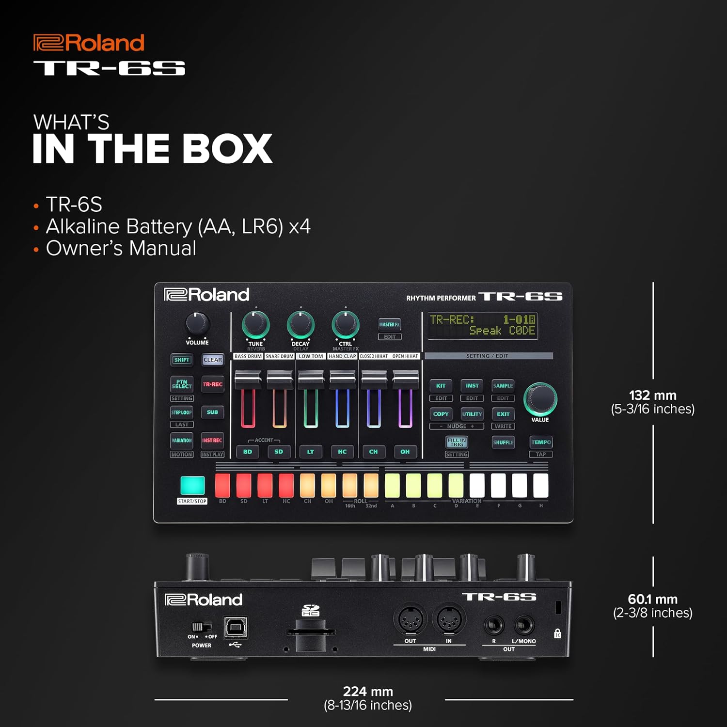 Roland TR-6S bateria eletrônica compacta com dimensões e conteúdo da caixa exibidos na imagem.