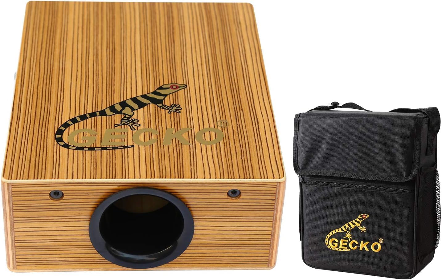 Cajon GECKO de madeira vista superior com bolsa preta para transporte