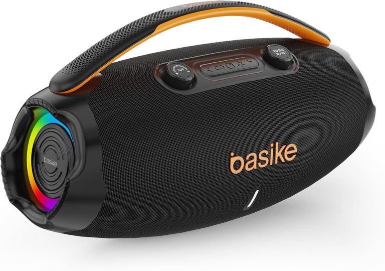 Caixa de som Bluetooth Basike 80W preta com subwoofer ajustável e luz RGB colorida