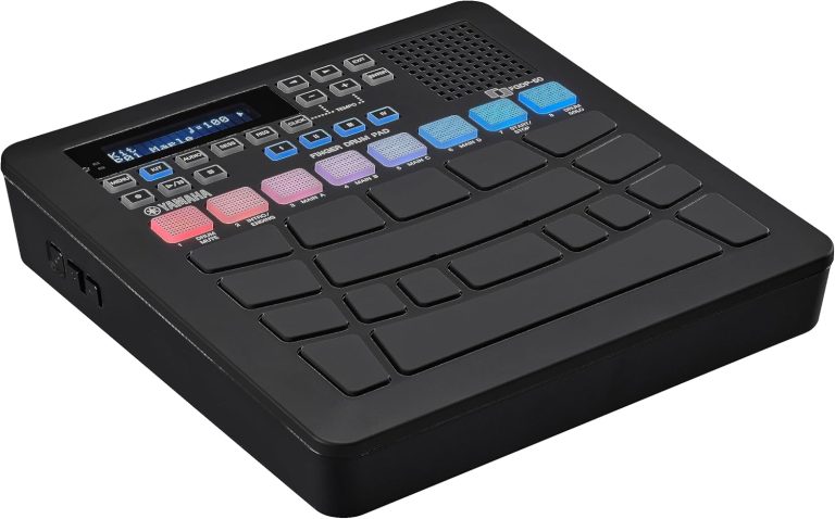 Bateria eletrônica portátil Yamaha FGDP-50 com pads RGB coloridos e controles de menu preto.