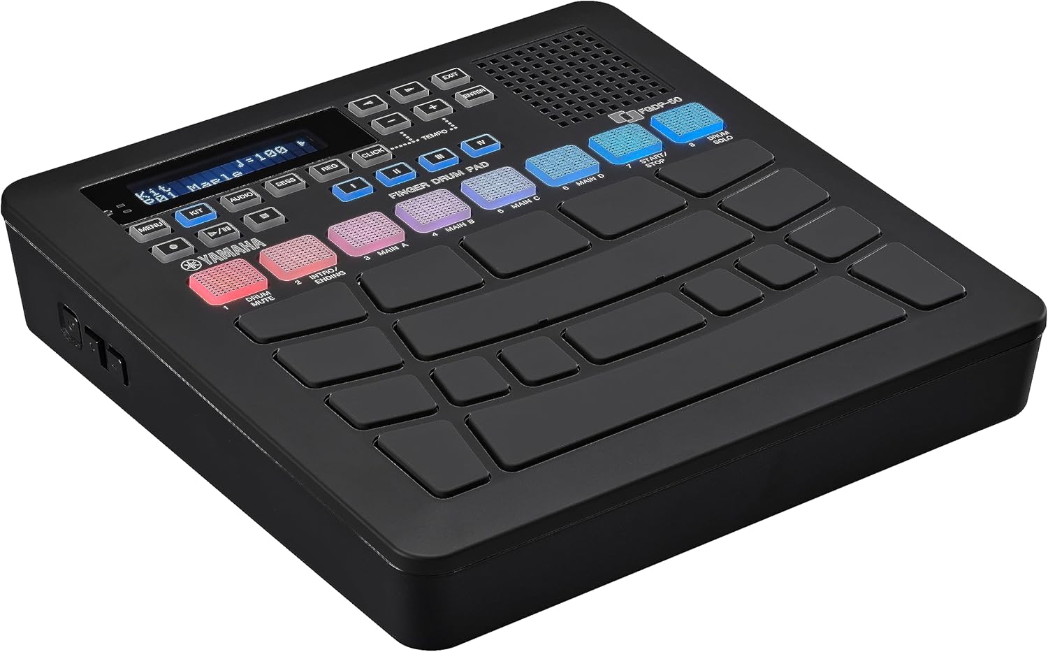Bateria eletrônica portátil Yamaha FGDP-50 com pads RGB coloridos e controles de menu preto.