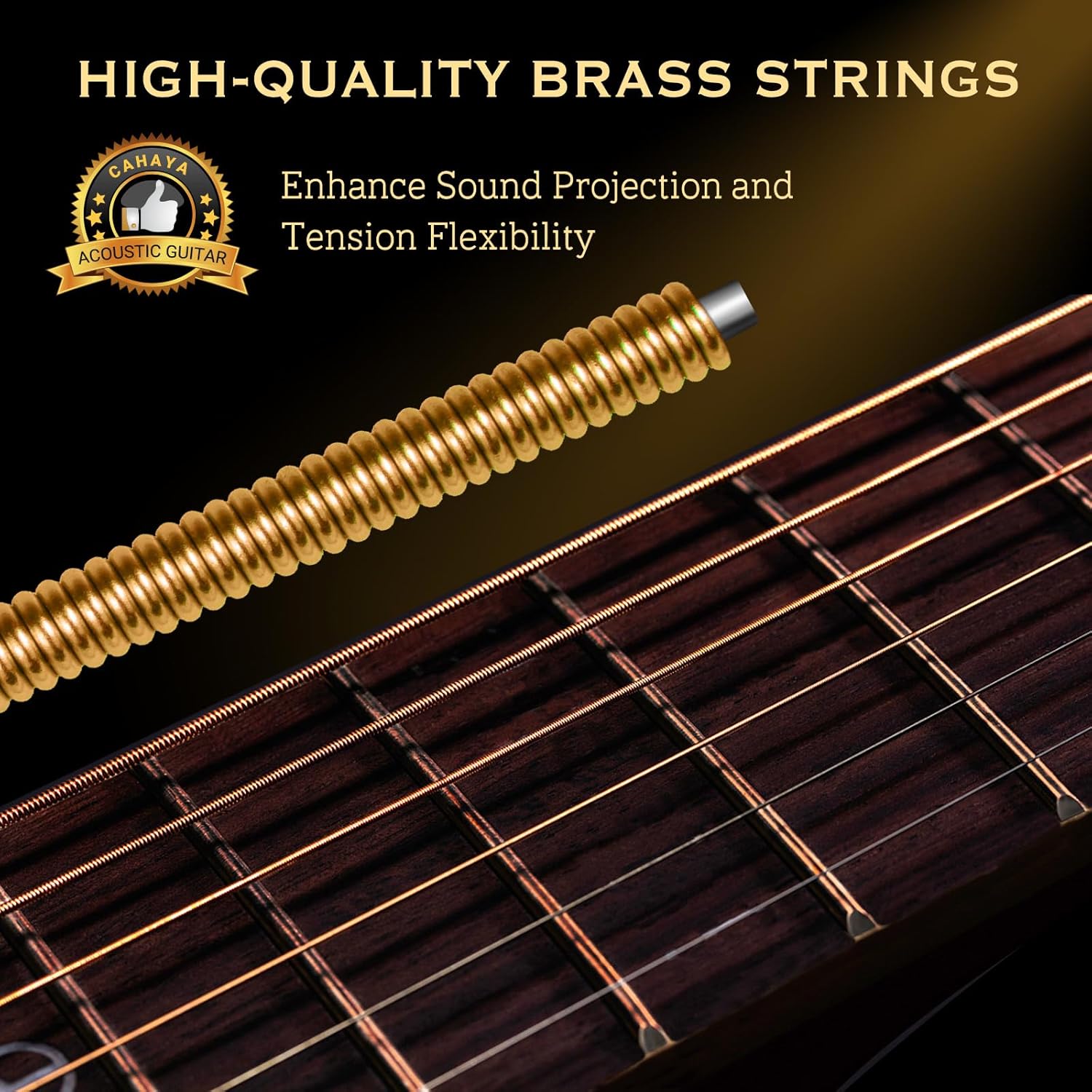 Cordas de latão de alta qualidade para guitarra acústica CAHAYA com destaque para projeção sonora e flexibilidade.