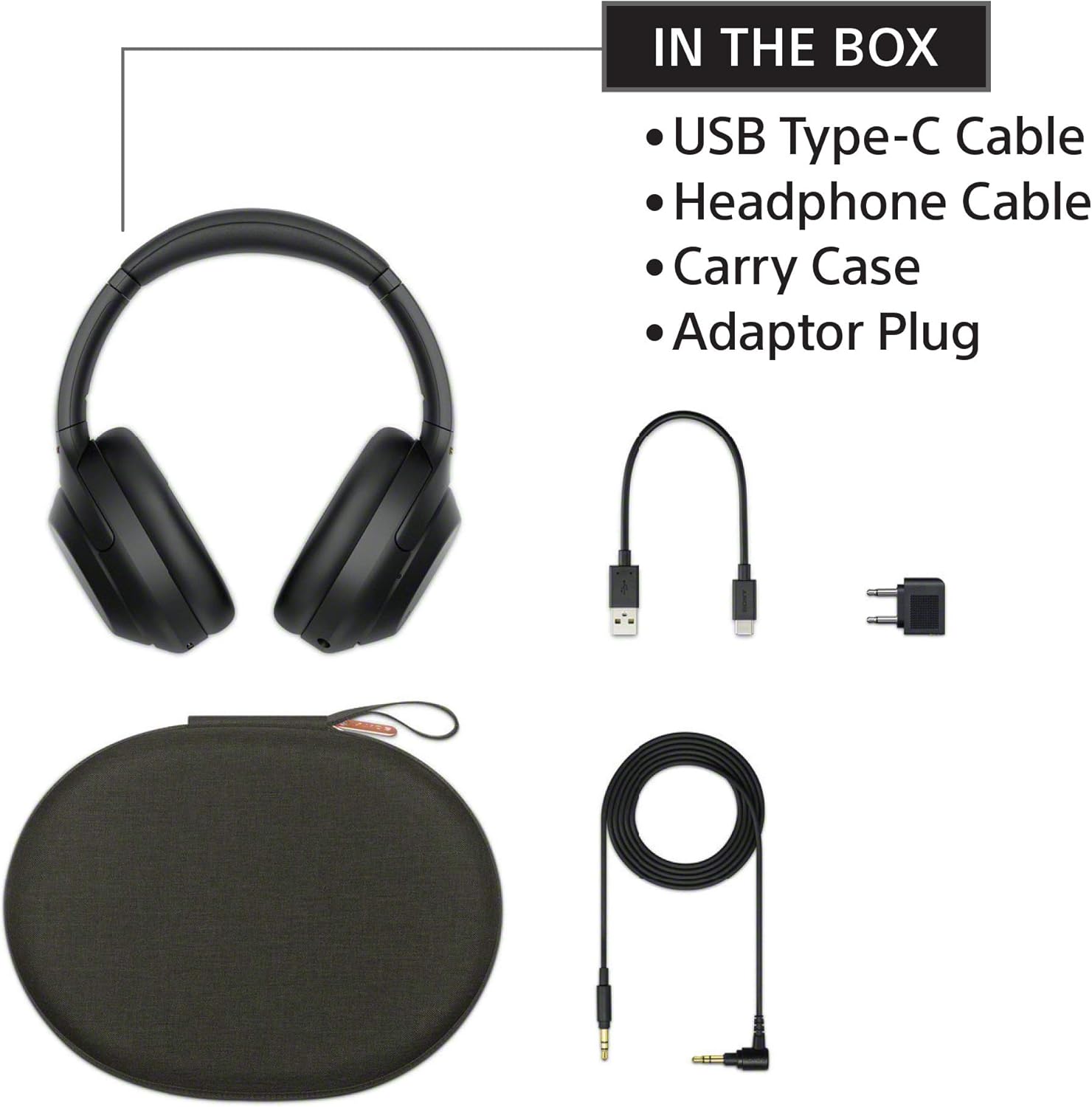 Itens inclusos na caixa do Sony WH-1000XM4: fone preto, cabo USB-C, cabo auxiliar, estojo e adaptador