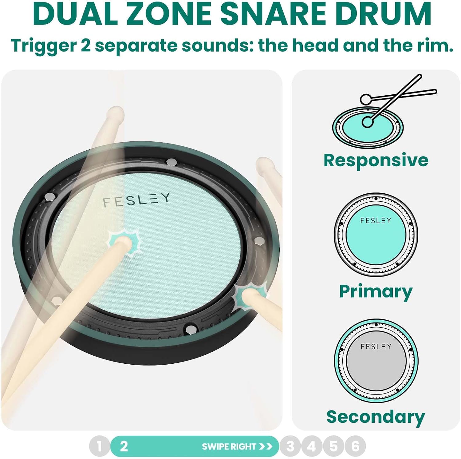 Pad snare drum Dual Zone da bateria eletrônica Fesley FED150W que permite dois sons distintos.