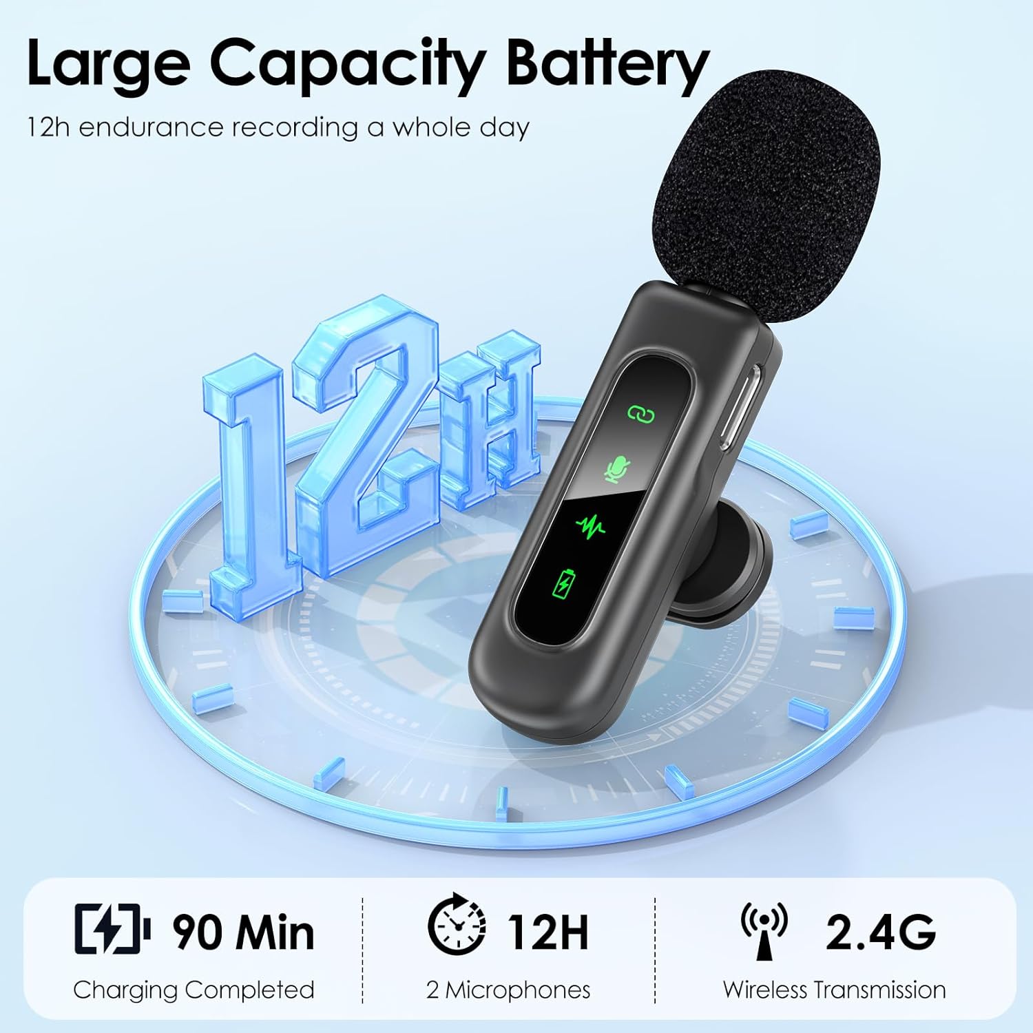 Microfone de lapela sem fio HEHOTTC com bateria de 12 horas, carregamento rápido e transmissão 2.4G.