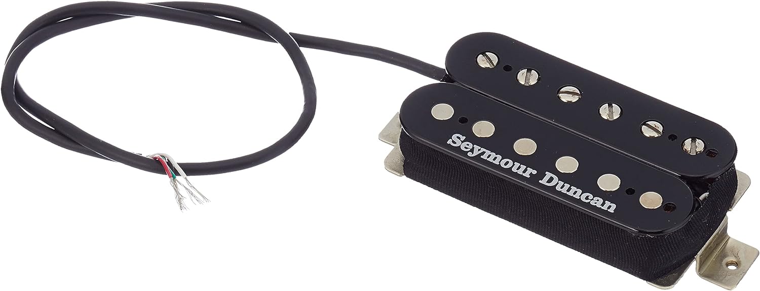 Captador Seymour Duncan JB e Jazz Humbucker para guitarra com cabo e fios expostos, cor preta com polos metálicos.