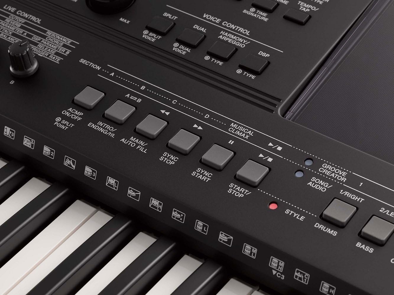 Painel de controle do teclado Yamaha PSR-EW410 com botões para funções musicais e estilo como auto fill, sync start/stop e groove creator.