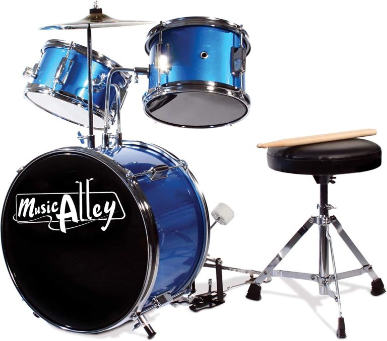 Conjunto bateria infantil Music Alley 3 peças azul com trono preto ajustável e pedal para bumbo.