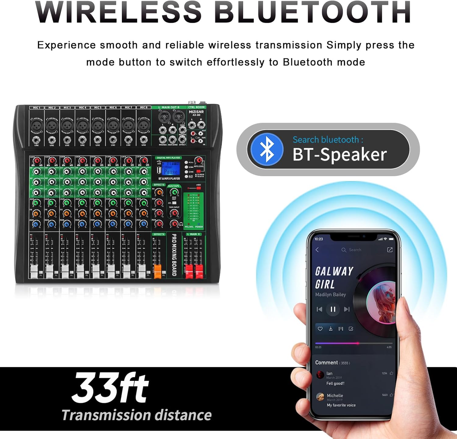Mixer MIZISNR AX-80 com conectividade Bluetooth wireless para transmissão de áudio até 33 pés
