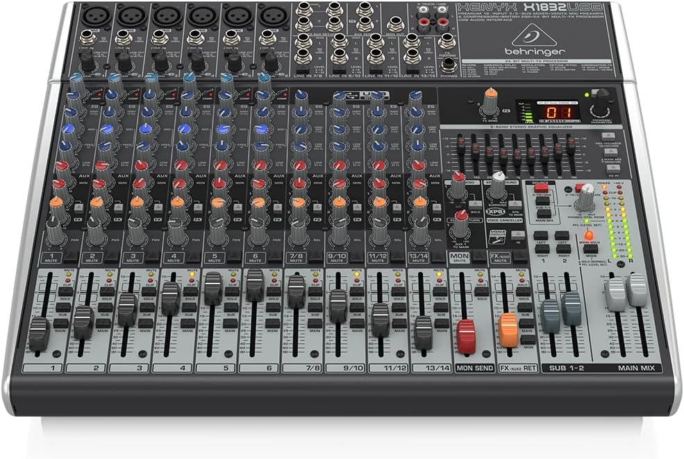 Mesa de som Behringer X1832USB vista superior com 14 canais e interface USB