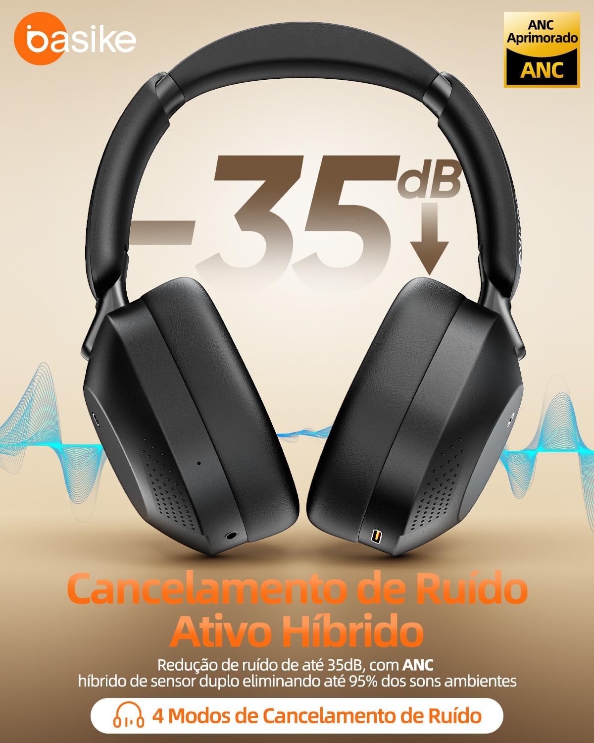 Fone de ouvido Basike Ba-FON-195 preto com cancelamento ativo híbrido de ruído até 35dB e 4 modos de cancelamento