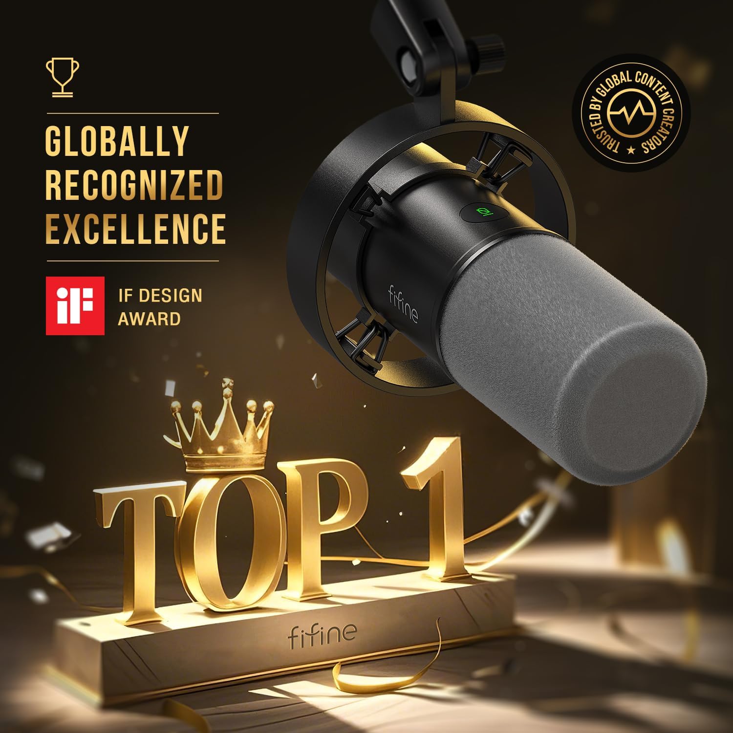 Microfone dinâmico FIFINE K688 com prêmio iF Design Award e reconhecimento global para criadores de conteúdo.
