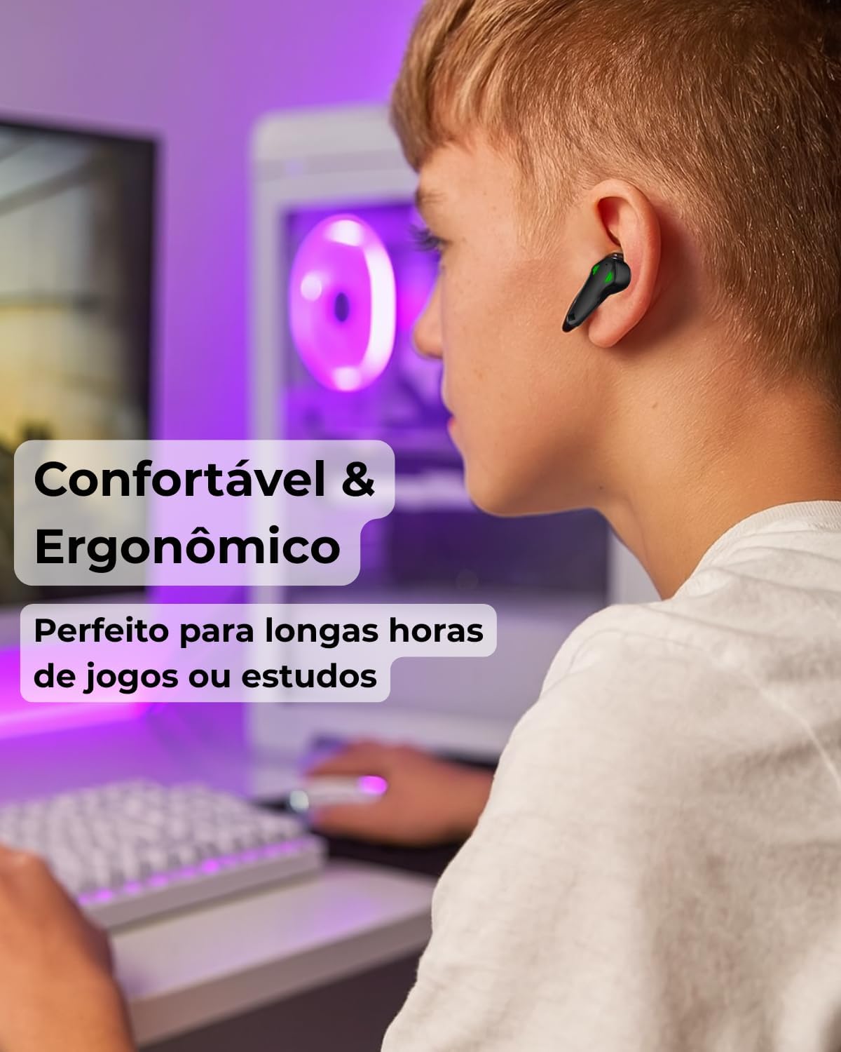 Pessoa usando fone de ouvido Bluetooth gamer A'Gold FN-B48, confortável e ergonômico para longas horas.