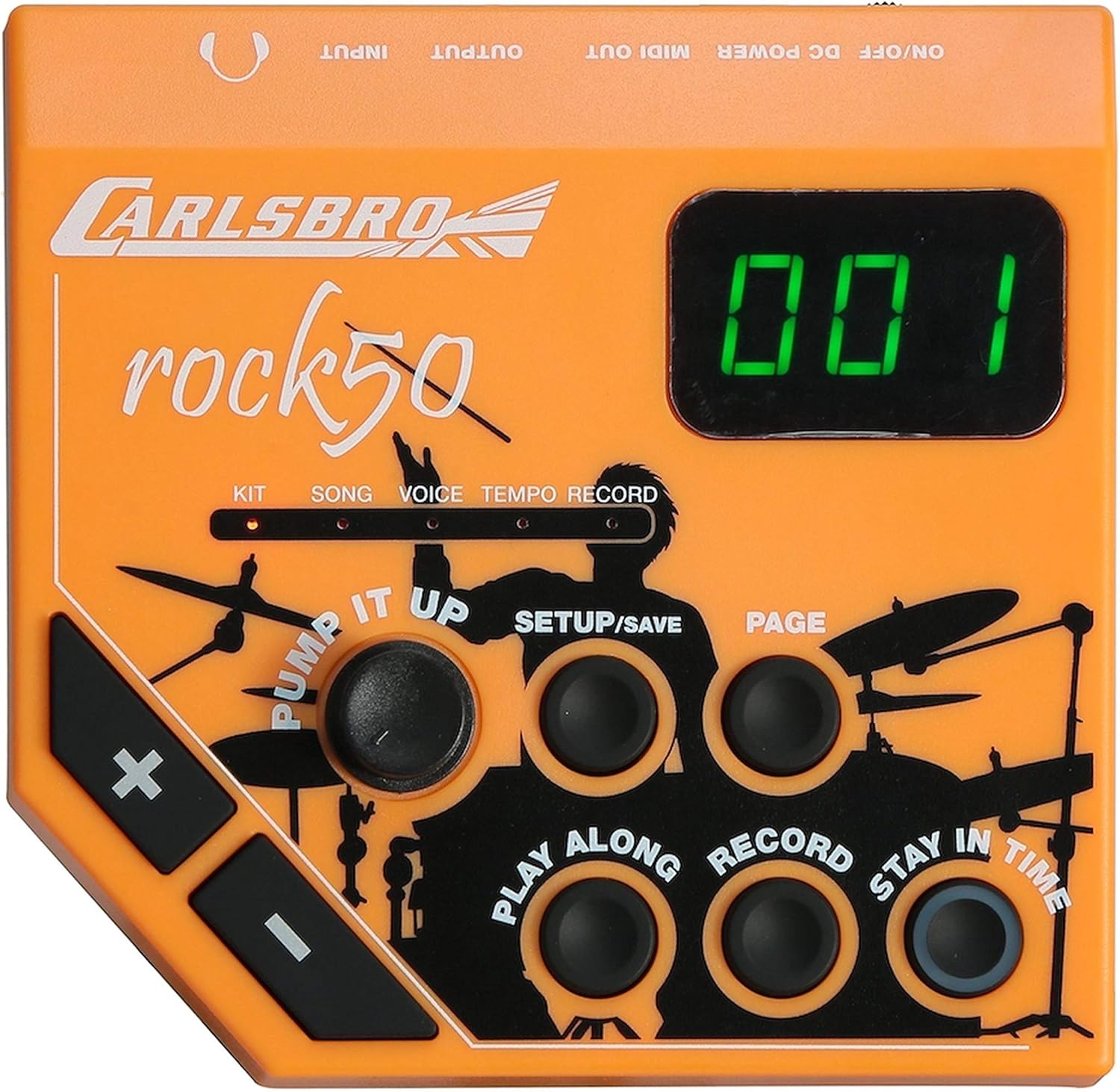 Módulo de controle laranja da bateria eletrônica Carlsbro Rock50 com display digital e botões de configuração