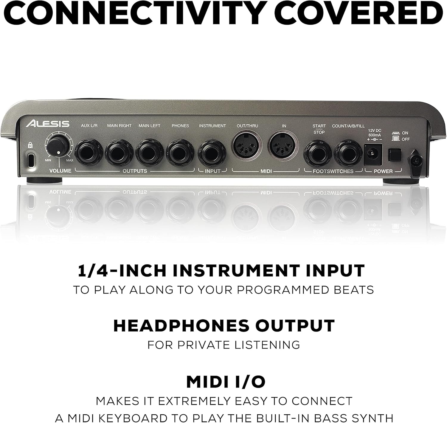 Painel traseiro da bateria eletrônica Alesis SR-18 com conexões para instrumento, fones, MIDI e footswitch