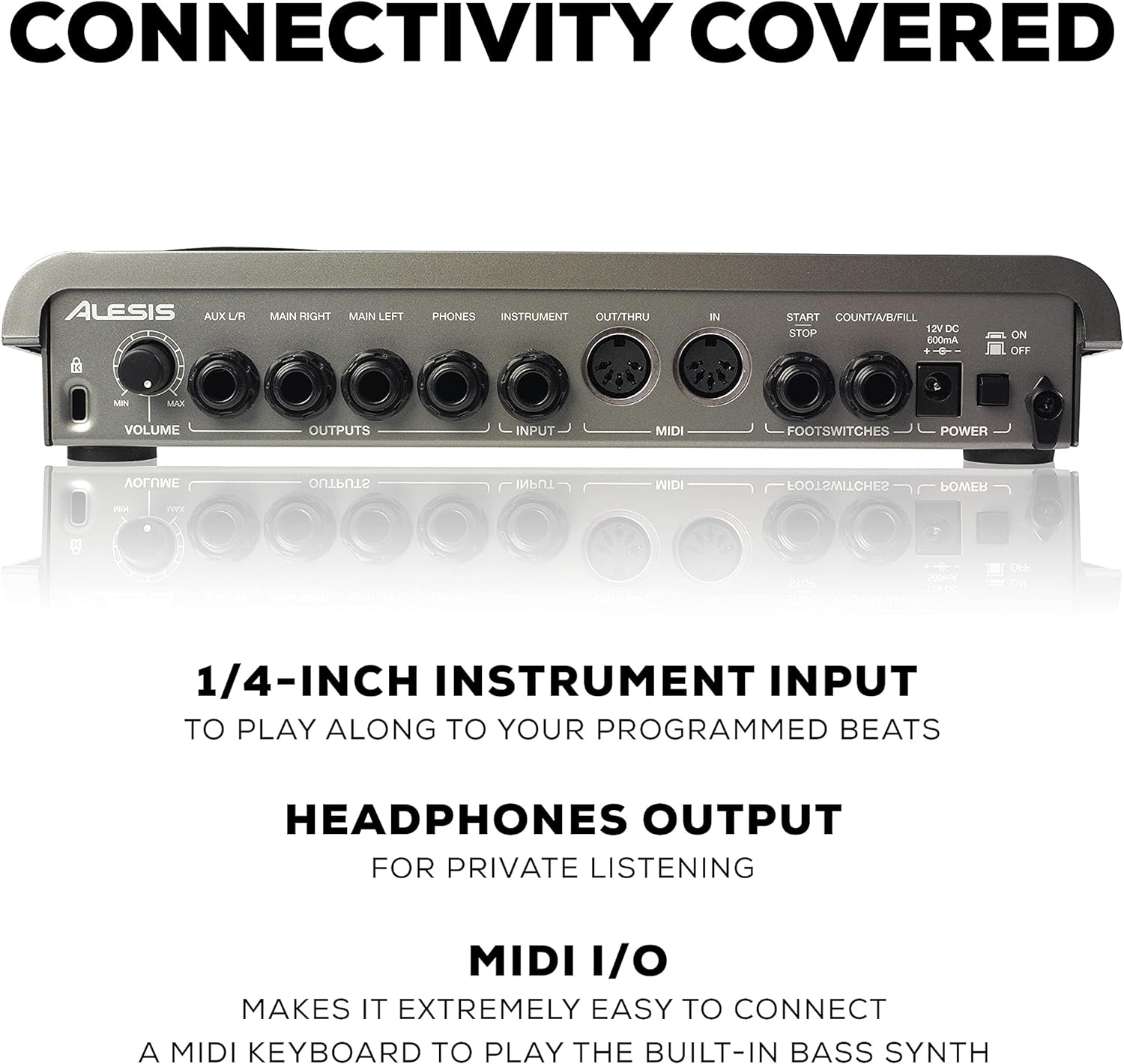 Entradas e saídas da bateria eletrônica Alesis SR-18 incluindo instrumento 1/4, fones e MIDI I/O