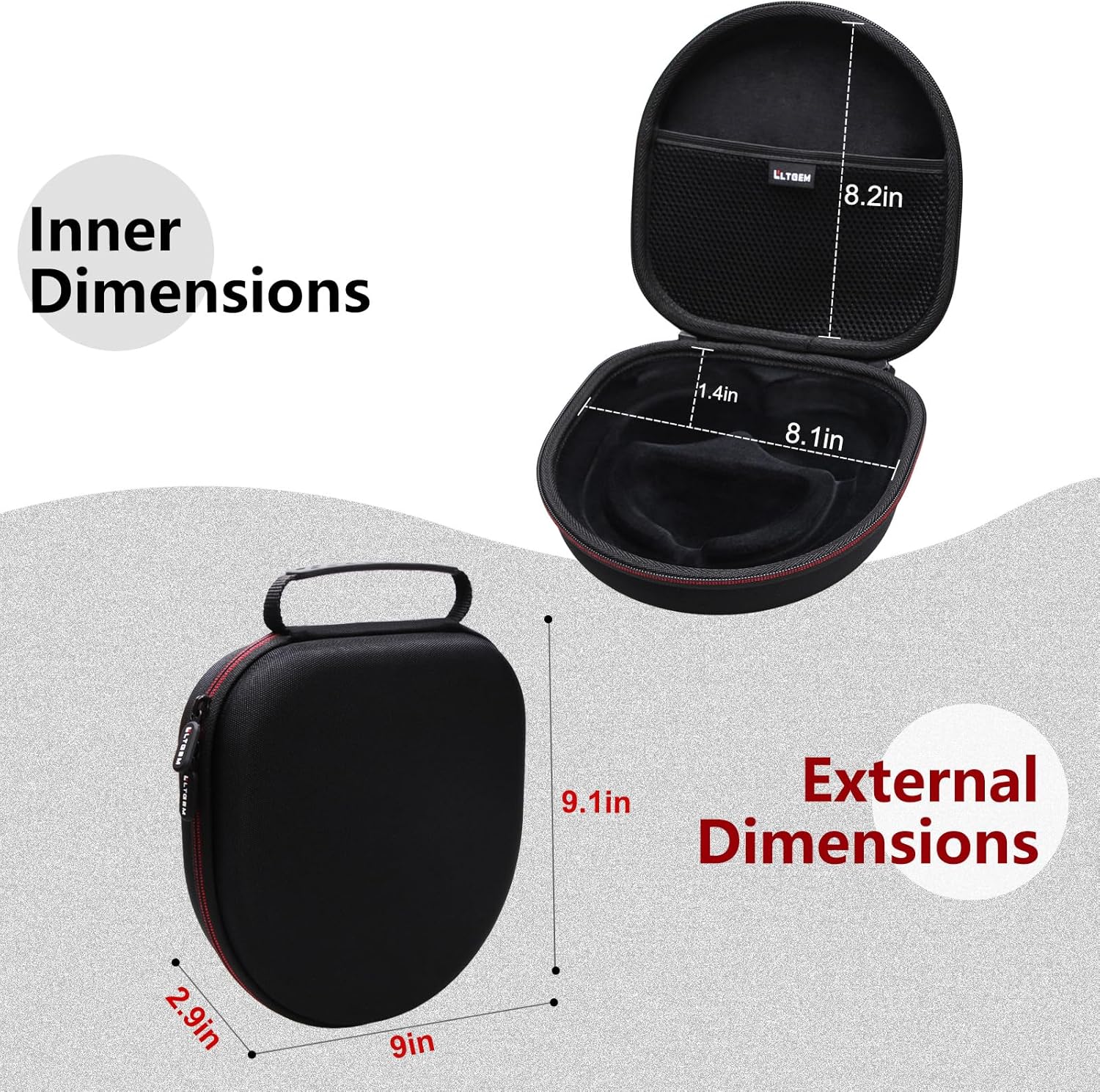 Dimensões da capa resistente LTGEM para fones Anker Soundcore Life Q20 Q30, com medidas internas e externas.