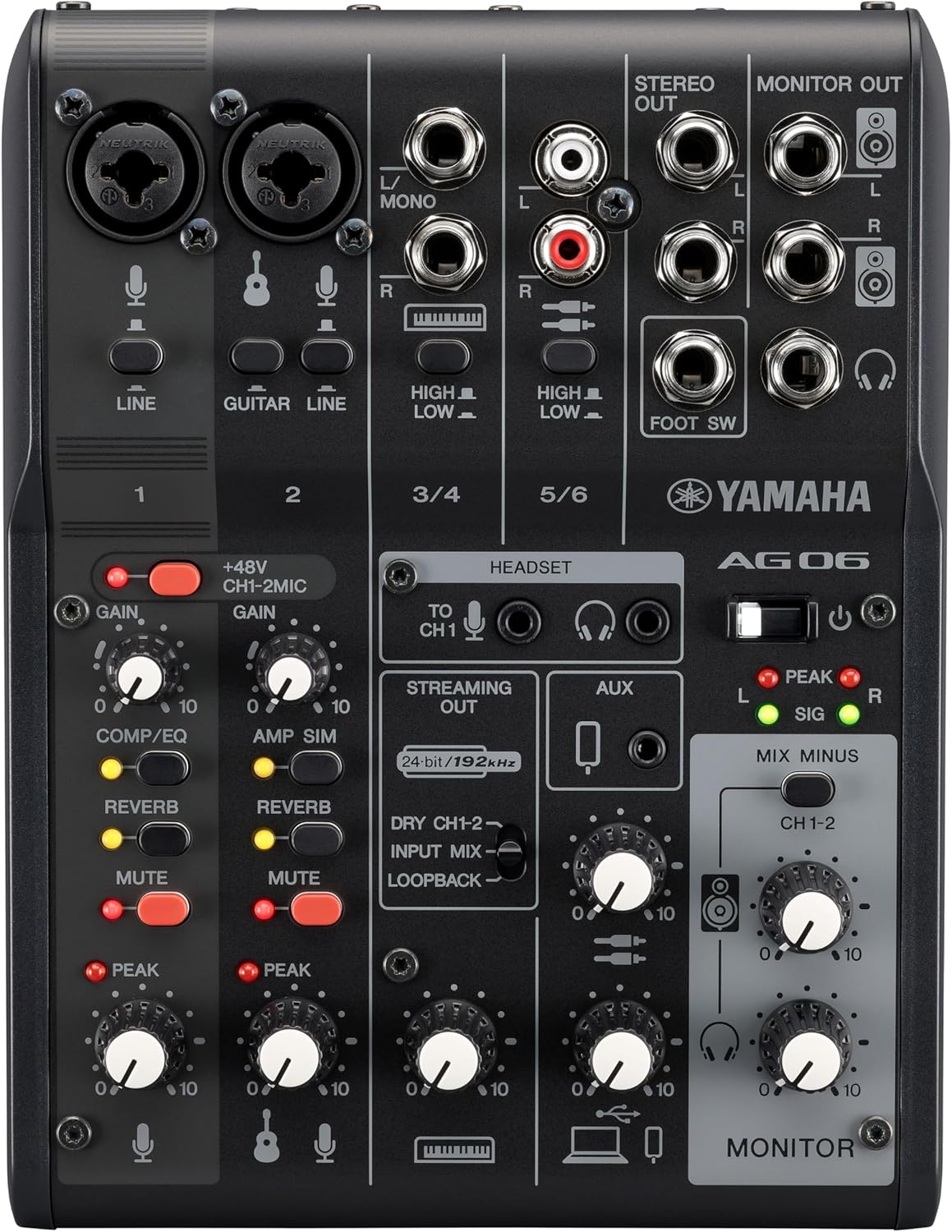 Mesa de som Yamaha AG06MK2 preta com efeitos DSP, múltiplas entradas e saídas e controles de áudio, ideal para streaming e gravação.