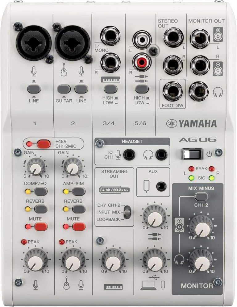 Mesa de som Yamaha AG06MK2 branca com múltiplas entradas, controles de ganho, compressão, reverb, mute, saída estéreo e monitor, botão mix minus e conexão para headset.