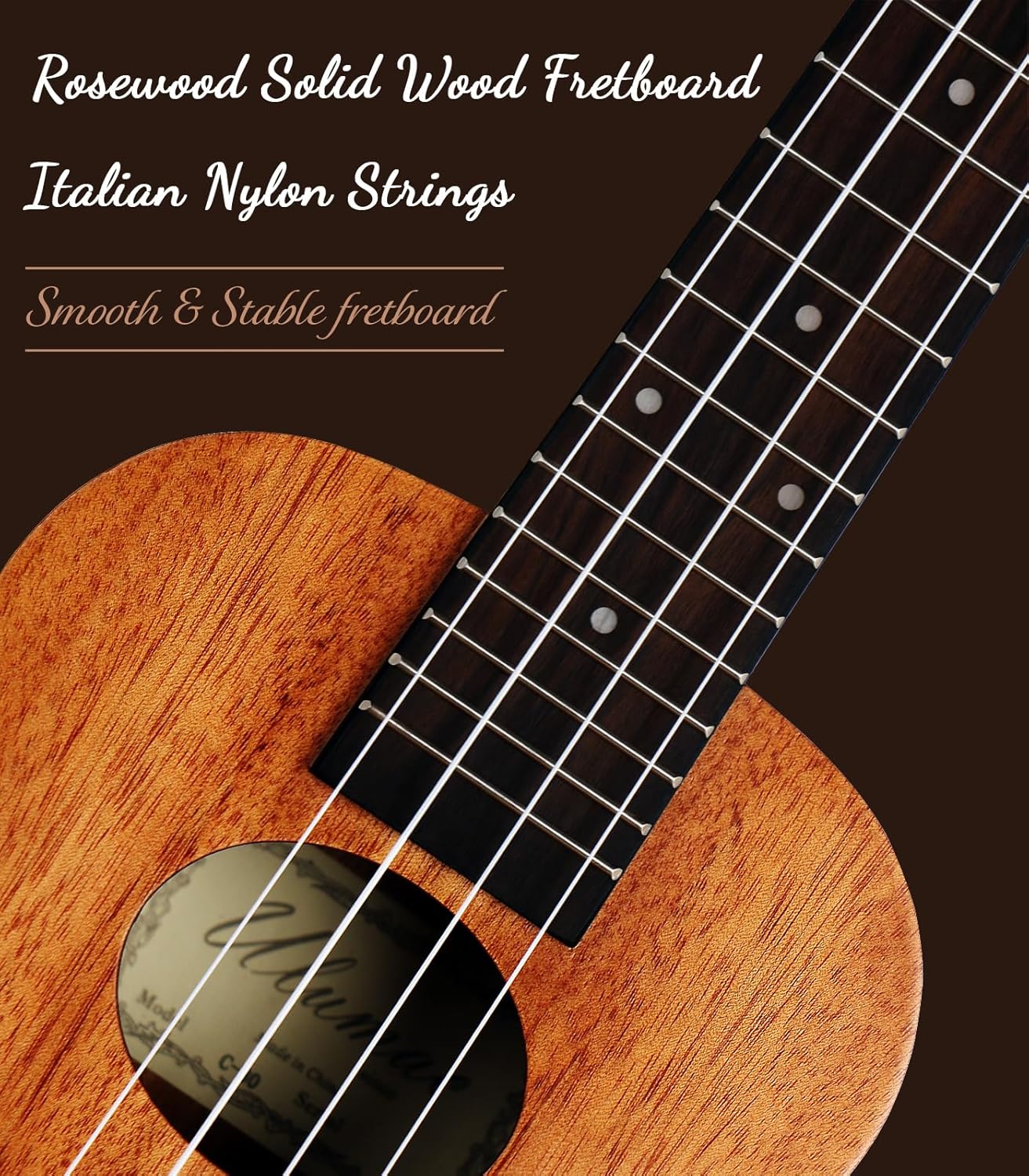Escala de rosewood sólida e cordas de nylon italianas no ukulele Ulumac com acabamento suave e estável
