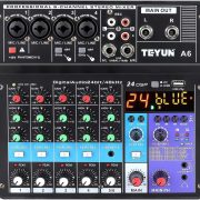 Mesa de som profissional TEYUN A6 com 6 canais, Bluetooth, controle de ganho e equalização, efeitos DSP e conexões USB e áudio.